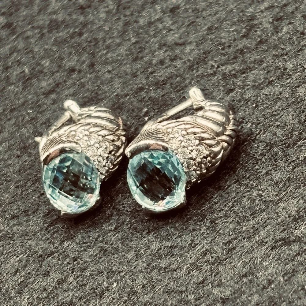 Judith Ripka Sterling Silver Blue Topaz Diamonique Shrimp Earrings Designer
